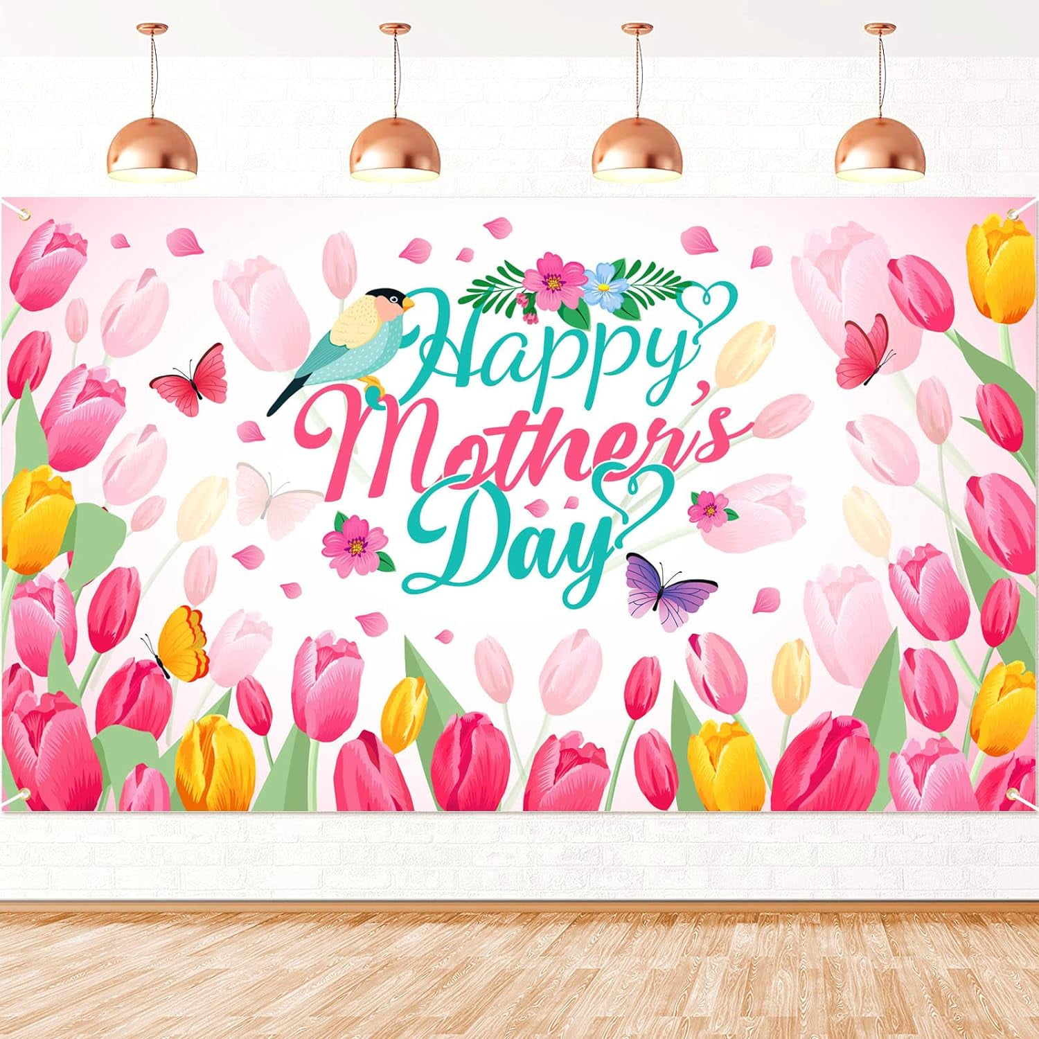 Extra Large Happy Mother's Day Banner - 72x44 Inch Pink Floral Backdrop For Party & Home Decor - Includes 32ft Red Ribbon-493212