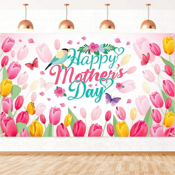 HOWAF Happy Mother's Day Backdrop Banner, Pink Flower Large Fabric Background Banner for Mothers Day Party Mom's Birthday Party Supplies, Mother's Day Party Decorations Welcome Banner