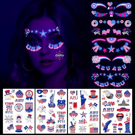 HOWAF USA Temporary Tattoos - 5 Sheets Glow Face Tattoos, 50+ Pieces for 4th of July & Independence Day