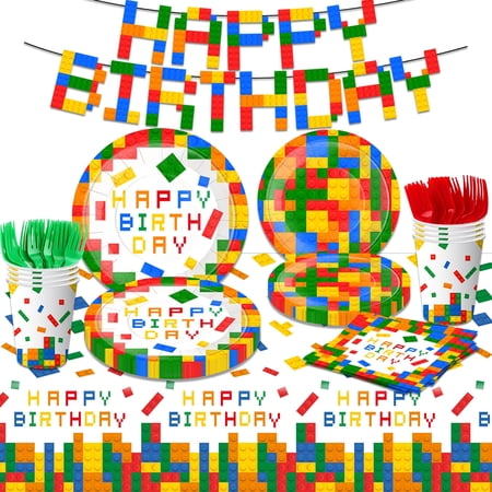VETPW Kids Building Block Birthday Celebration Party Supply Set, Colorful, 133 Pieces