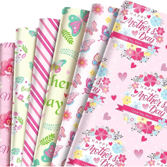HOWAF 12 Sheets Mother's Day Wrapping Paper, Mother's Day Gift Wrapping Paper, Pin Floral Butterfly Heart Stripe Wrapping Paper for Mother's Day Gift Presents Wrapping Decor, Best Mom Wrapping Paper