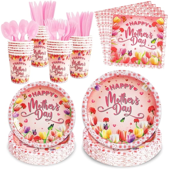 HOWAF Pack of 116 Mother's Day Tableware Set, Happy Mothers Day Decoration Pink Floral Dinnerware for Moms Day Party Supplies, Mother's Day Plates, Napkins, Cups, Knife, Fork Spoons, Straws
