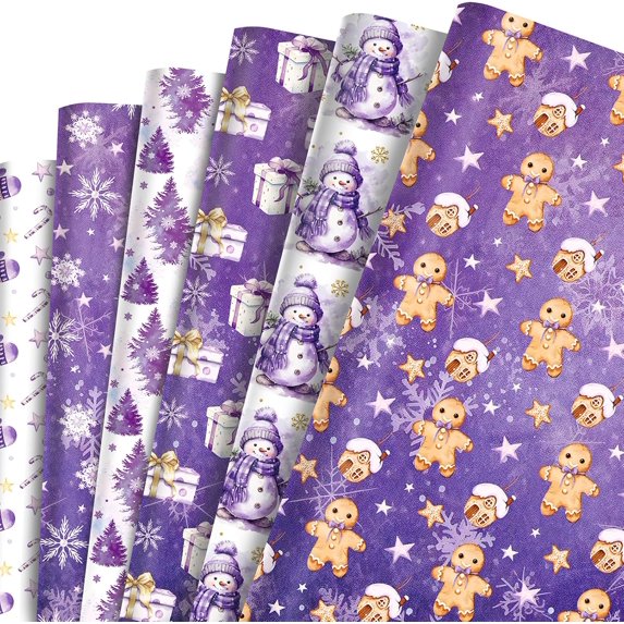 HOWAF Purple Christmas Wrapping Paper, Pastel Snowflake Tree Snowman Gingerbread Gift Wrap Paper Bulk for Xmas Holiday Winter Party Vacation Baby Shower, 20x26inches (Folded Flat)