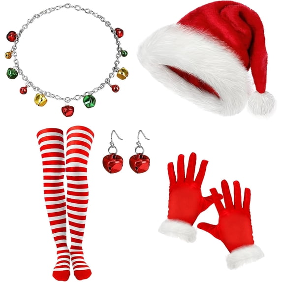 HOWAF Santa Costume, Christmas Santa Hat Christmas Hat Christmas Red Gloves Santa Gloves Christmas Stocking Red White Stockings Jingle Bells Christmas Necklace Christmas Earrings Christmas Costume