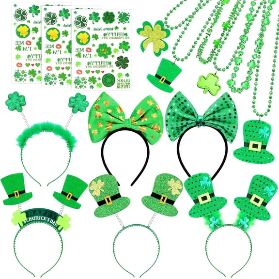 HOWAF St. Patrick's Day Party Favor Set with Necklaces Headbands Temporary Tattoos, Green Shamrock Necklace Hair Band Fancy Dress Adult Kids Party Accessory for Irish Party Decoration