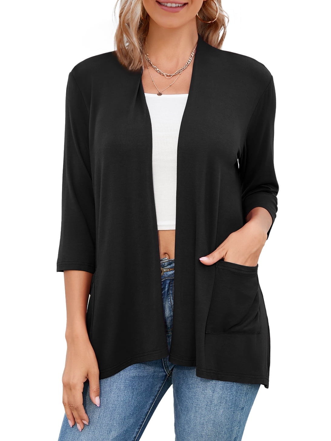 HOWCOME 3 4 Sleeve Cardigans Easy to Wear Flowy Open Front Cardigan Sweaters Female Medium Navy Blue