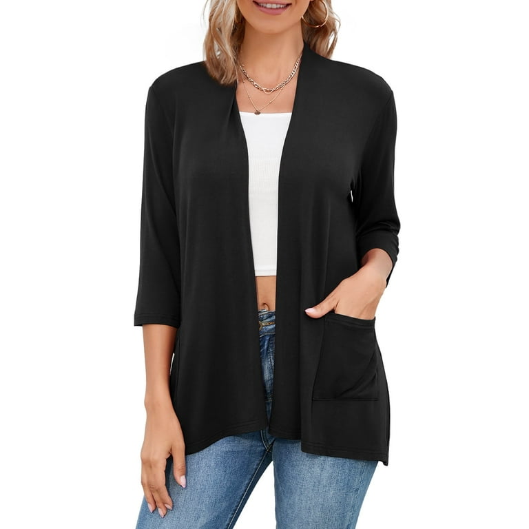 HOWCOME 3 4 Sleeve Cardigans Easy to Wear Flowy Open Front Cardigan Sweaters Female Medium Black