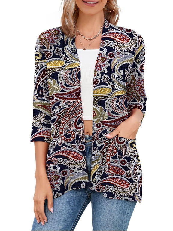3/4 Sleeve Cardigans, Easy to Wear, Flowy Open Front Cardigan Sweaters, Female, Medium, Fp Cashew Navy Blue