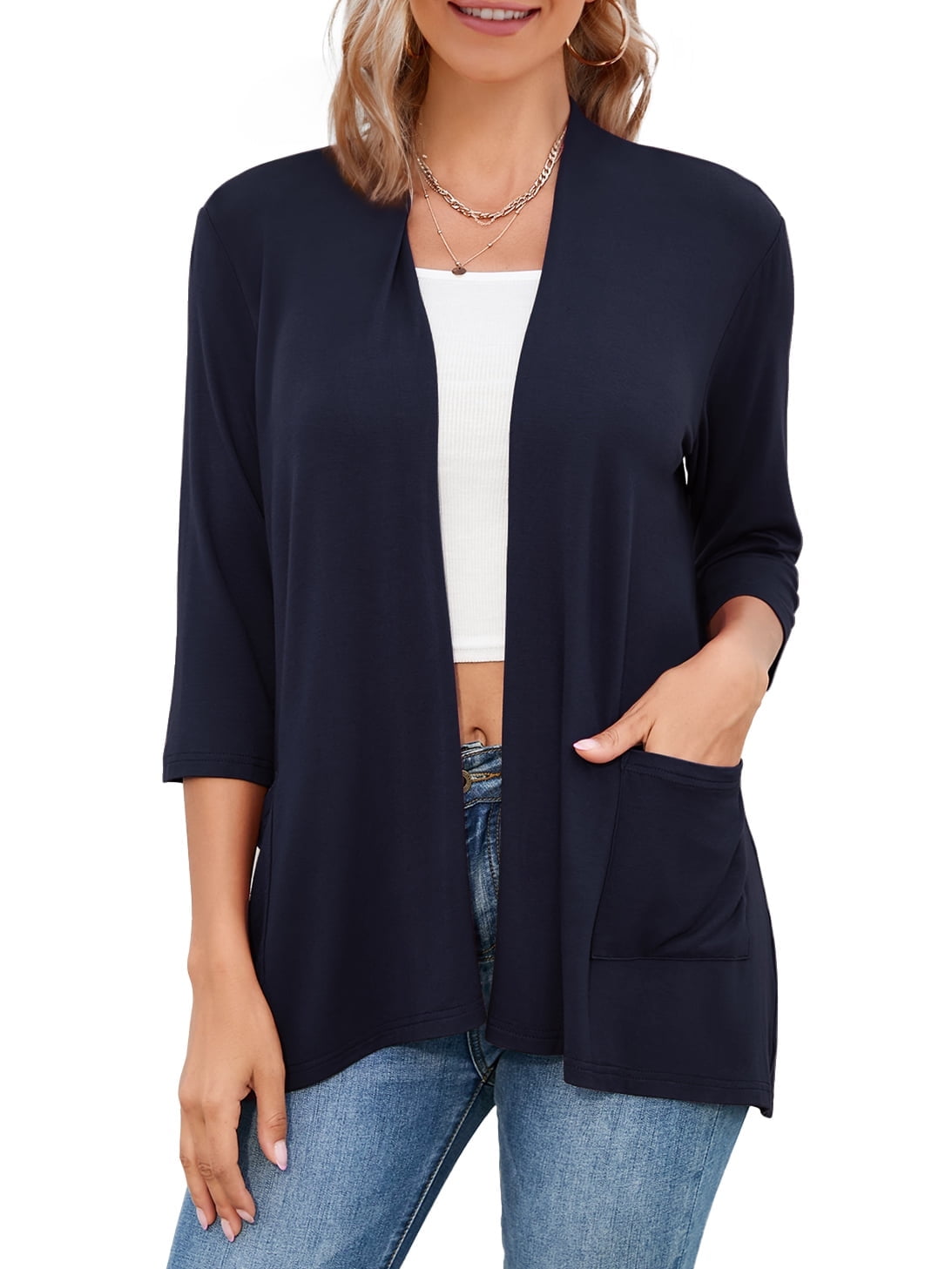 HOWCOME 3 4 Sleeve Cardigans Easy to Wear Flowy Open Front Cardigan Sweaters Female Medium Navy Blue Walmart