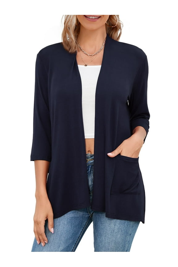 3/4 Sleeve Cardigans, Easy to Wear, Flowy Open Front Cardigan Sweaters, Female, Medium, Navy Blue