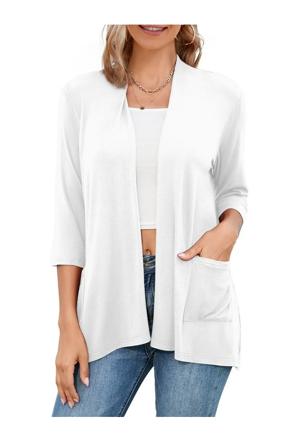 3/4 Sleeve Cardigans, Easy to Wear, Flowy Open Front Cardigan Sweaters, Female, Medium, White