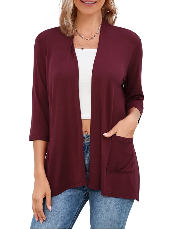 3/4 Sleeve Cardigans, Easy to Wear, Flowy Open Front Cardigan Sweaters, Female, Medium, Wine Red