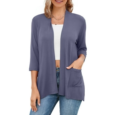 HOWCOME 3/4 Sleeve Cardigans, Easy to Wear, Flowy Open Front Cardigan Sweaters, Medium,Grayish Purple