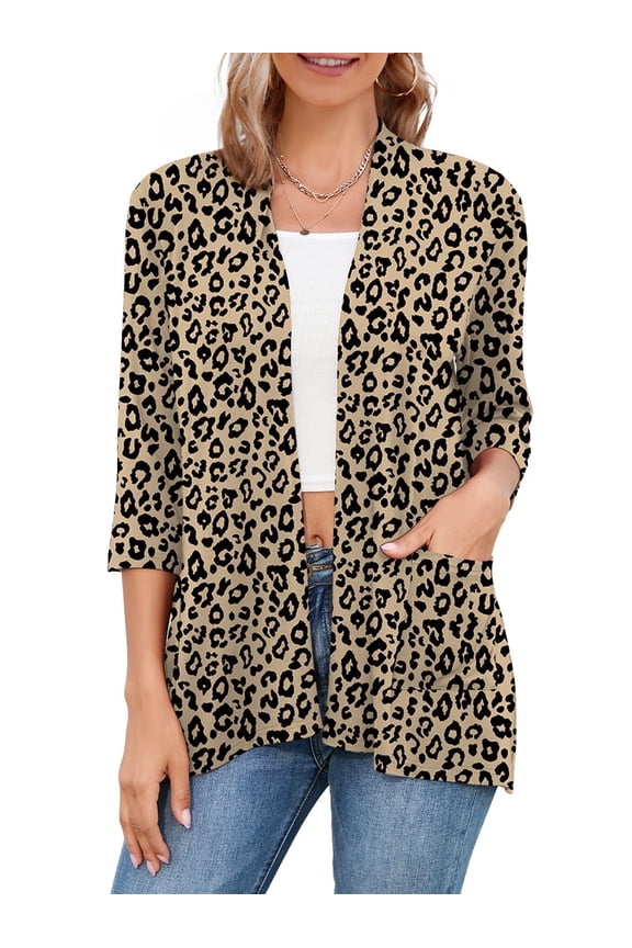 3/4 Sleeve Cardigans, Easy to Wear, Flowy Open Front Cardigan Sweaters, Summer Cover Ups, Fp Leopard Khaki M