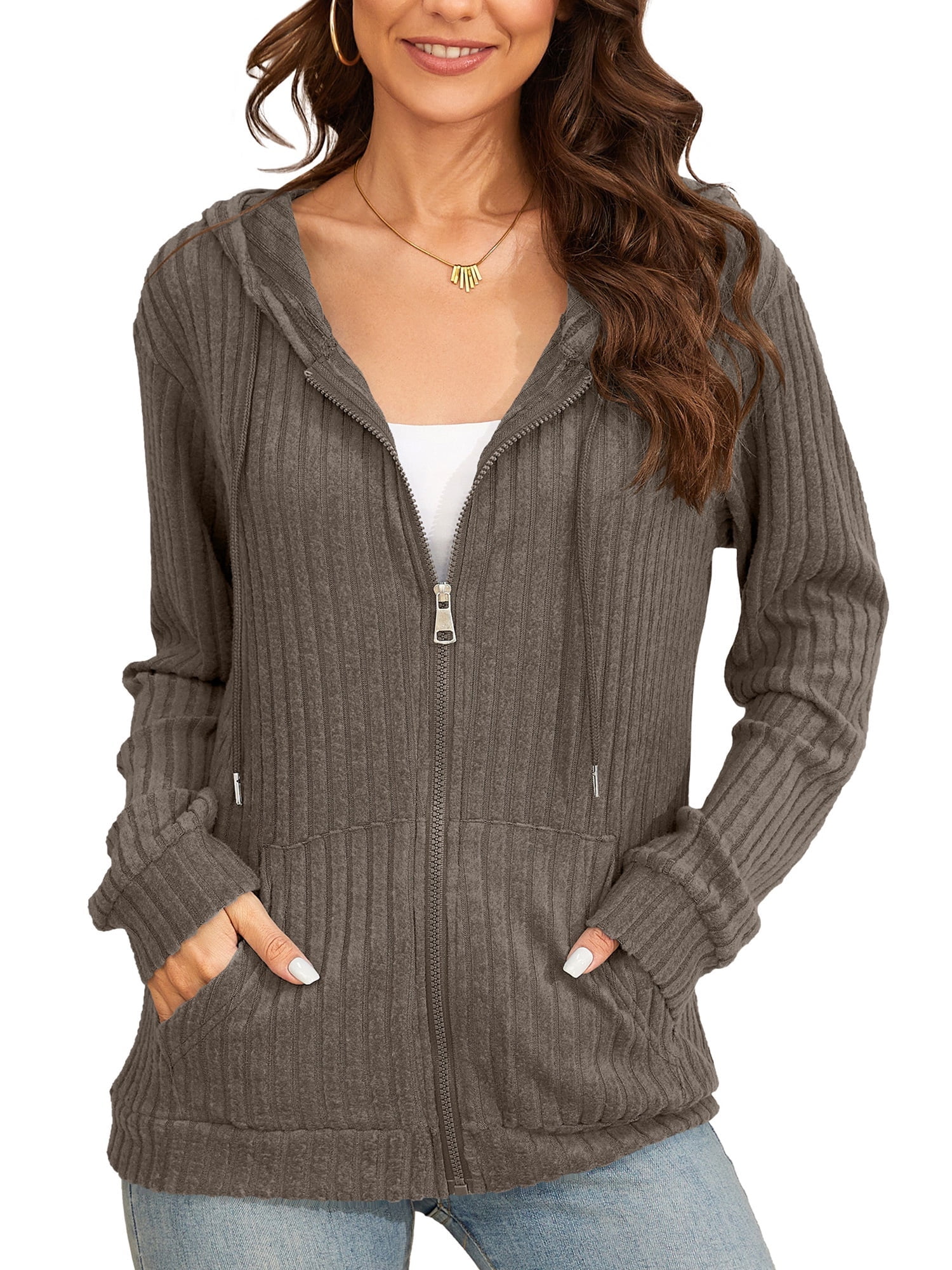 HOWCOME Basic Lightweight Full Zip Hoodie for Women Long Sleeve Thin Cardigan Jacket Drawcord Hood and Kangaroo Pockets Brown X-Large