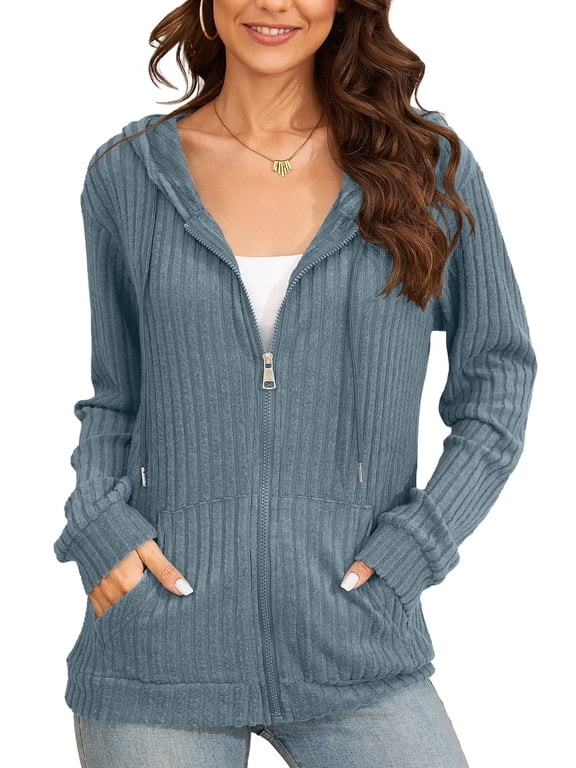 Basic Lightweight Full Zip Hoodie for Women Long Sleeve Thin Cardigan Jacket Drawcord Hood and Kangaroo Pockets Light Blue L