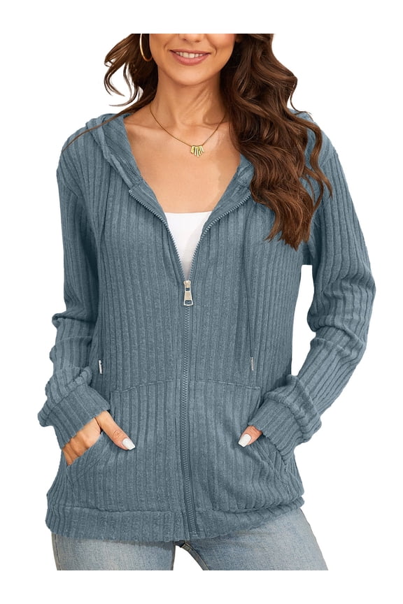 Basic Lightweight Full Zip Hoodie for Women Long Sleeve Thin Cardigan Jacket Drawcord Hood and Kangaroo Pockets Light Blue L