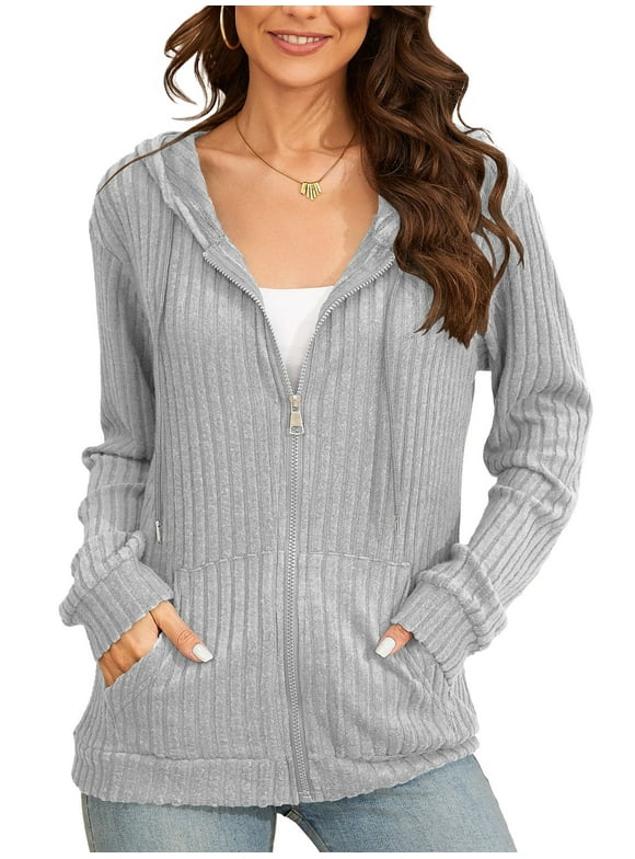 Basic Lightweight Full Zip Hoodie for Women Long Sleeve Thin Cardigan Jacket Drawcord Hood and Kangaroo Pockets Light Gray Large