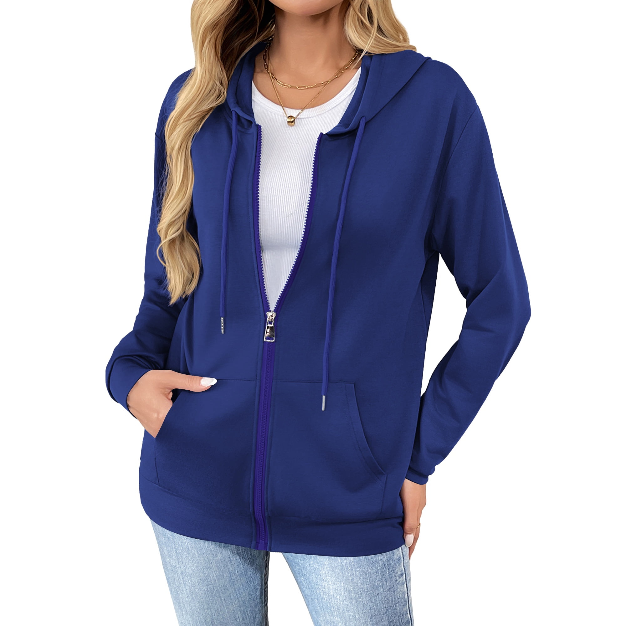 HOWCOME Basic Lightweight Full Zip Hoodie for Women Long Sleeve Thin Cardigan Jacket Drawcord Hooded Sweatshirt with Pockets, Royal Blue Medium