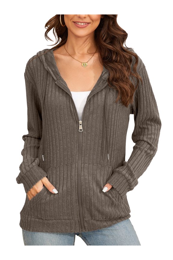 Basic Women’s Full-Zip Hoodie – Cozy Brushed Ribbed Knit Long Sleeve Cardigan Jacket with Adjustable Hood and Pockets Brown Large