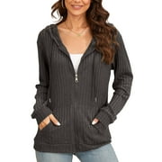 HOWCOME Basic Women’s Full-Zip Hoodie – Cozy Brushed Ribbed Knit Long Sleeve Cardigan Jacket with Adjustable Hood and Pockets Deep Gray X-Large