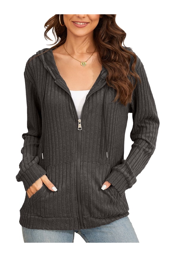 Basic Women’s Full-Zip Hoodie – Cozy Brushed Ribbed Knit Long Sleeve Cardigan Jacket with Adjustable Hood and Pockets Deep Gray X-Large