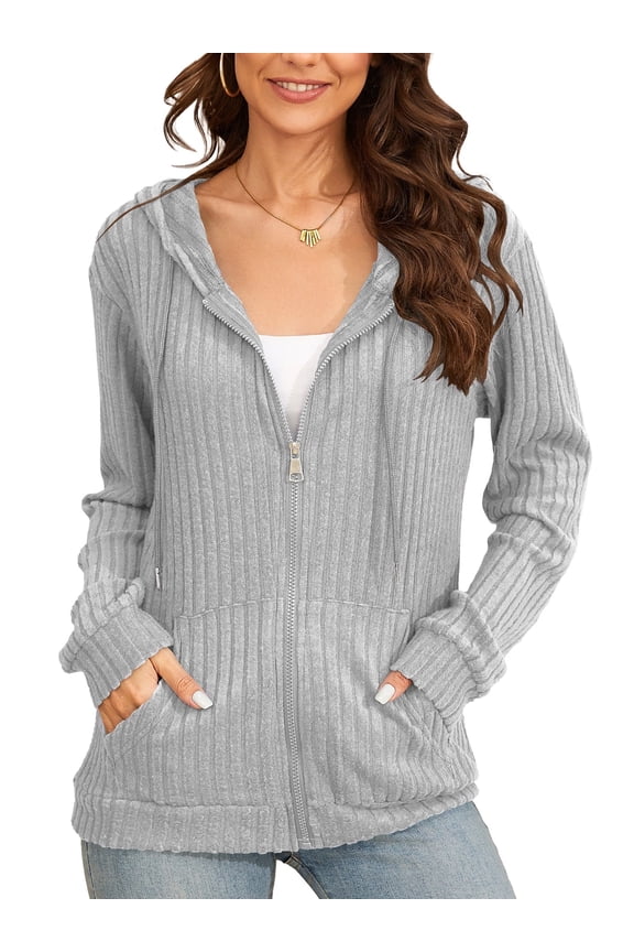 Basic Women’s Full-Zip Hoodie – Cozy Brushed Ribbed Knit Long Sleeve Cardigan Jacket with Adjustable Hood and Pockets Light Gray Medium