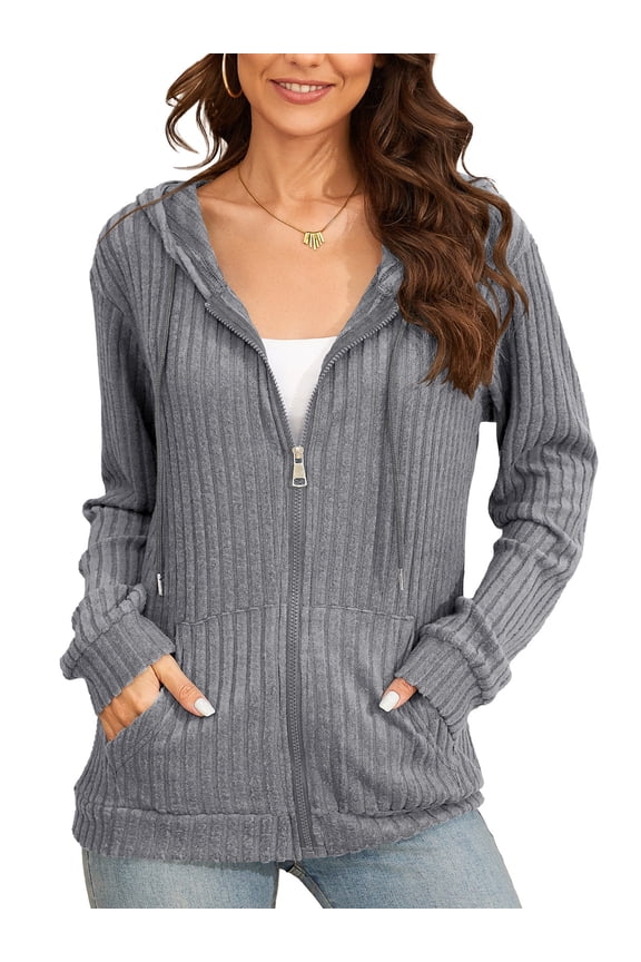 Basic Women’s Full-Zip Hoodie – Cozy Brushed Ribbed Knit Long Sleeve Cardigan Jacket with Adjustable Hood and Pockets Mix Grey Medium