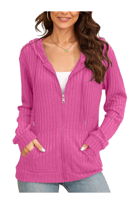Basic Women’s Full-Zip Hoodie – Cozy Brushed Ribbed Knit Long Sleeve Cardigan Jacket with Adjustable Hood and Pockets Rose Pink 2X-Large