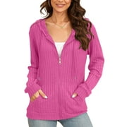 HOWCOME Basic Women’s Full-Zip Hoodie – Cozy Brushed Ribbed Knit Long Sleeve Cardigan Jacket with Adjustable Hood and Pockets Rose Pink X-Large