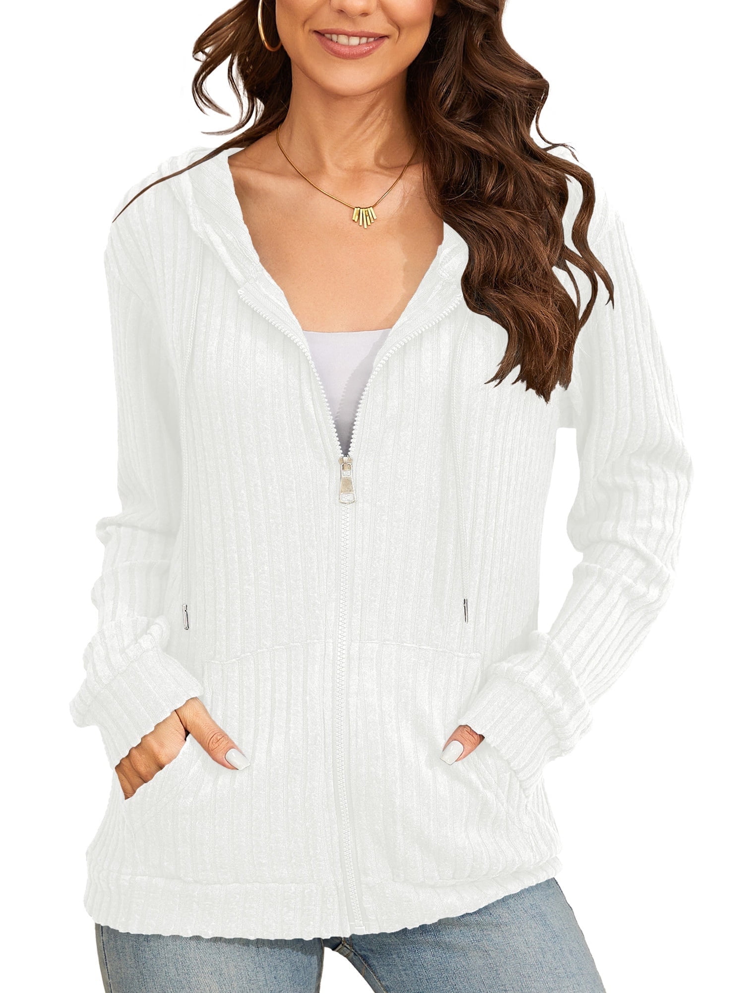 HOWCOME Basic Women’s Full-Zip Hoodie – Cozy Brushed Ribbed Knit Long Sleeve Cardigan Jacket with Adjustable Hood and Pockets White Large