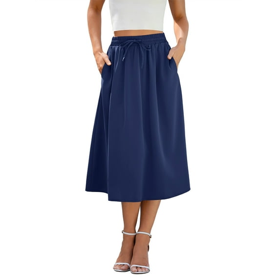 HOWCOME Boho Floral Printed Womens Skirts Elastic High Waisted Summer/Fall Flowy Skirts for Women Navy Blue, M