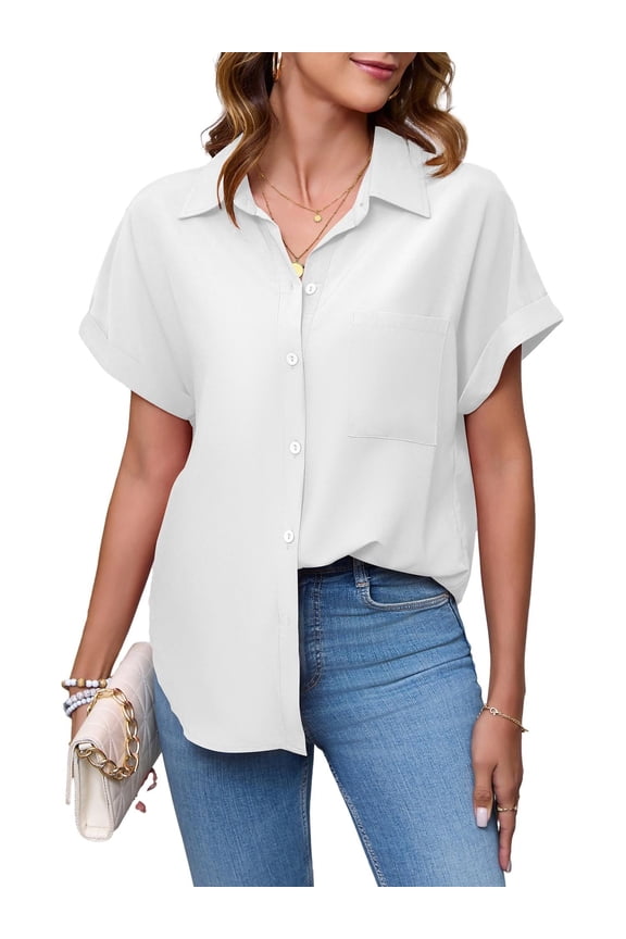 Button Down Blouses for Women Short Sleeve Office Casual Blouse Plain Shirt(White,Medium)