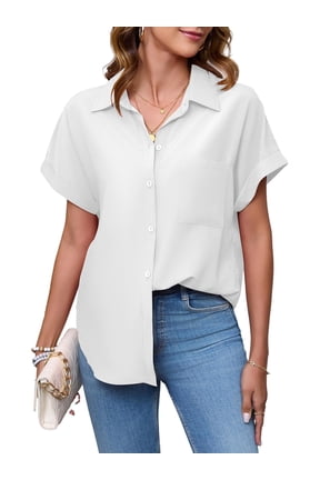 Button Down Shirts for Women Short Sleeve Business Casual Tops Work Blouses(White,X-Large)