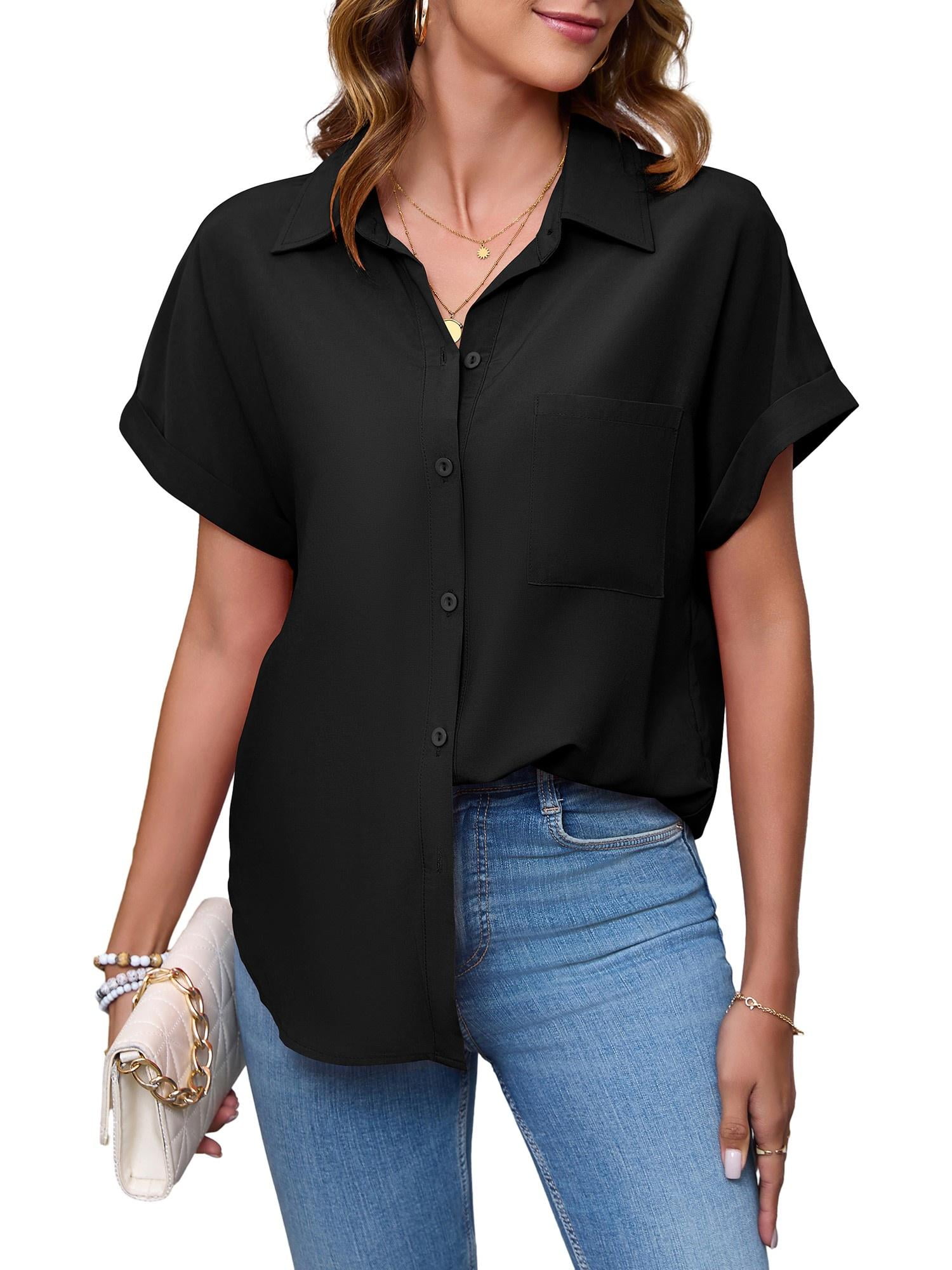 HOWCOME Button Down Shirts for Women Solid Short Sleeve Business Casual  Work Blouse Tops(Black,Large) - Walmart.com