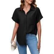 HOWCOME Button Down Shirts for Women Solid Short Sleeve Business Casual Work Blouse Tops(Black,Large)
