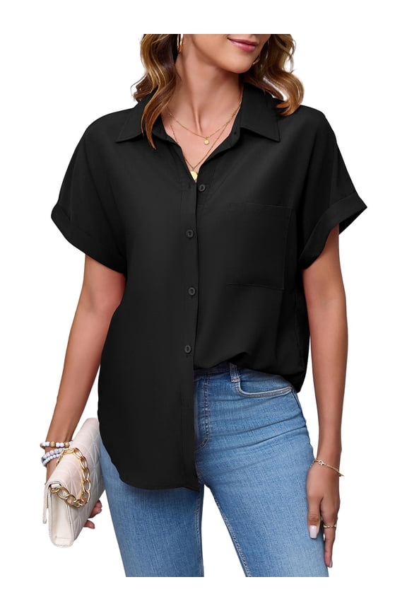 Button Down Shirts for Women Solid Short Sleeve Business Casual Work Blouse Tops(Black,Large)