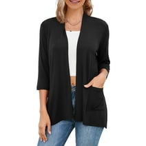 HOWCOME Cardigans for Women, Casual Lightweight, 3/4 Sleeve Open Front Cardigan Sweaters,Female, Large, Black