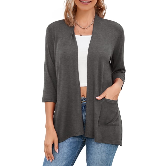 WSK849 Women's Off-Duty Open Front Cardigan - Lightweight, Draped, Long Sleeve (XXXL, Heather Dark Grey)