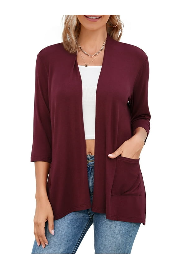 Cardigans for Women, Casual Lightweight, 3/4 Sleeve Open Front Cardigan Sweaters,Female, Large, Wine Red