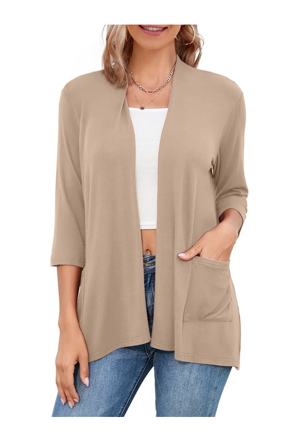Casual Lightweight Open Front Cardigan Sweaters for Women with Pockets,3/4 Sleeve Shrugs for Layering, Beige 2XL