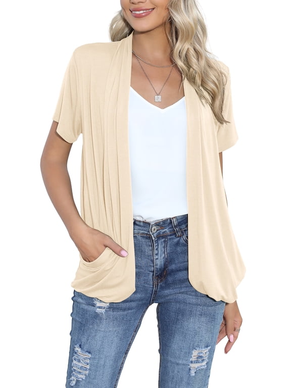 Casual Short Sleeved Womens Cardigans Summer Lightweight Beach Cover-up Plus Size (2X-Large,Almond)
