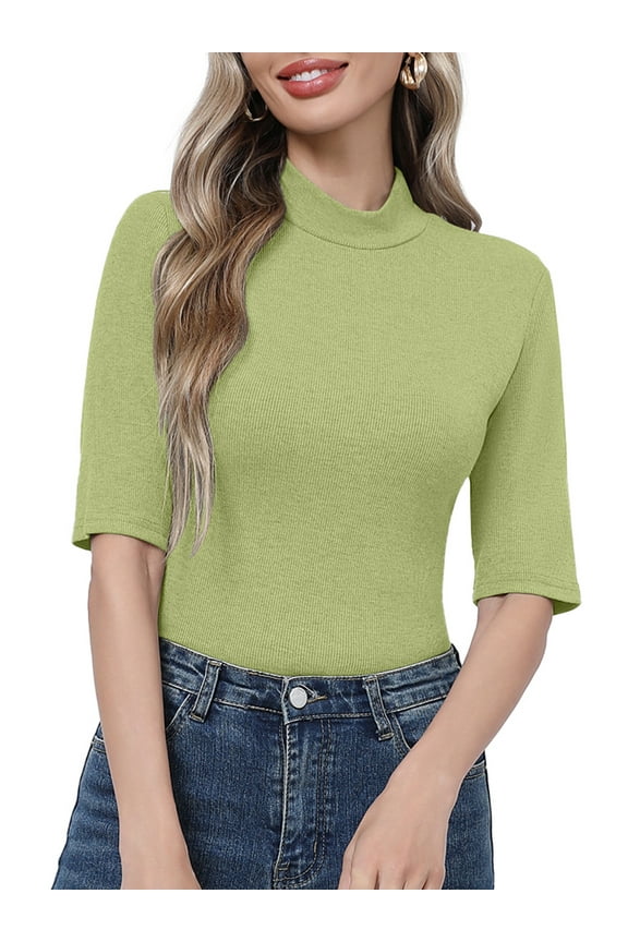 Fitted T Shirts for Women Casual Halft Sleeve Mock Neck Ribbed Tops Stretchy Tee Shirts Light Green S