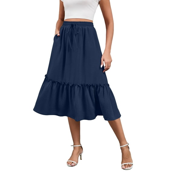HOWCOME Flowy Skirts for Women High Waiste Skirt Midi Length Casual Tiered Skirts with Pockets Navy Blue, S