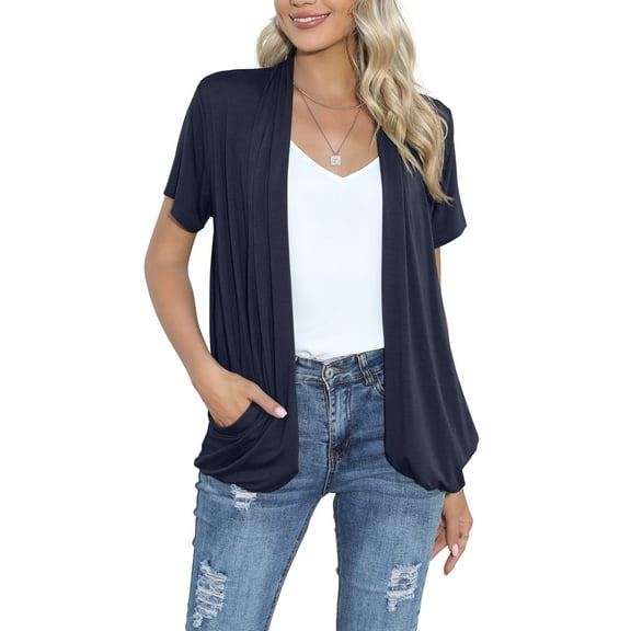 HOWCOME Lightweight Summer Cardigan for Women Drape Short Sleeves Open front Cardigans with Pockets (Large,Navy Blue)