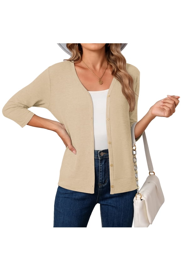 Open Front Cardigan for Women Button Down 3/4 Sleeve Knitted Tops Casual Layer, Beige M