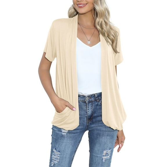HOWCOME Open Front Cardigans for Women with Pockets Lightweight Short Sleeve Kimono Duster (Large,Almond)