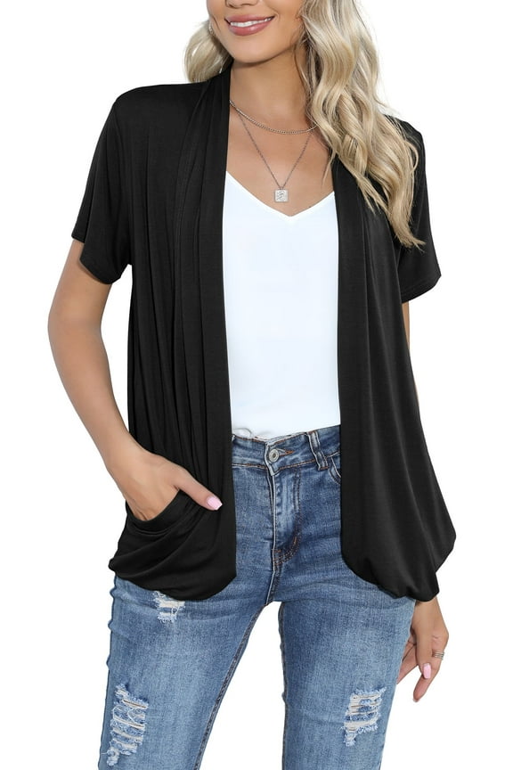 Open Front Cardigans for Women with Pockets Lightweight Short Sleeve Ruffle Front Duster (Large,Black)