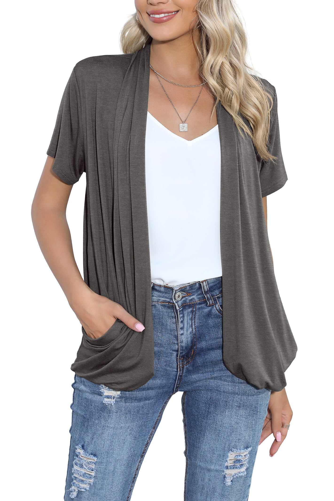 HOWCOME Short Sleeve Cardigan for Women Flowy Drape Front Work Cover up Shrug with Pockets Medium Dark Gray