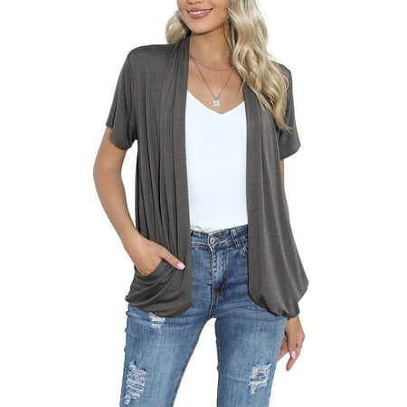 HOWCOME Short Sleeve Cardigan for Women Flowy Drape Front Work Cover-up Shrug with Pockets (Medium,Dark Gray)